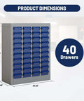 Front view of 40 Drawer Bolt Bin Organizer Cabinet with metal body and ABS drawers, dimensions labeled, in garage workshop.
