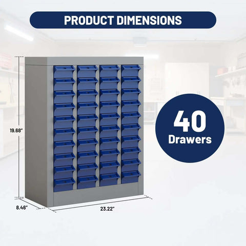Front view of 40 Drawer Bolt Bin Organizer Cabinet with metal body and ABS drawers, dimensions labeled, in garage workshop.