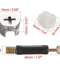 Game Changer Thread Knurled Rivet Nuts And Cam Fitting Pins For Furniture Hardware Super Easy White Setup With 50 Sets Of 15 By 12 Mm Pre Inserted Side Connectors For Cabinets And Wood Panels Ironclad Grip image showing threaded nut, connector, and cam pin dimensions.
