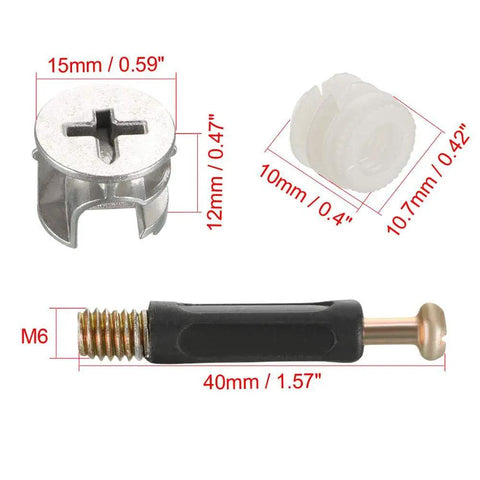 Game Changer Thread Knurled Rivet Nuts And Cam Fitting Pins For Furniture Hardware Super Easy White Setup With 50 Sets Of 15 By 12 Mm Pre Inserted Side Connectors For Cabinets And Wood Panels Ironclad Grip image showing threaded nut, connector, and cam pin dimensions.