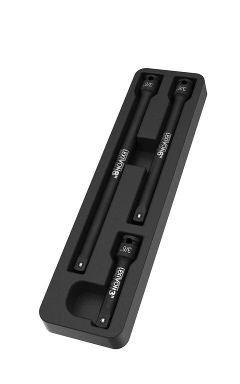 Impact Driver Extension Bar Set Three Eighths Inch Drive Three Piece Long Bars In 3 6 And 8 Inches Organized In A Tray Hardened And Heat Treated Chrome Vanadium Steel