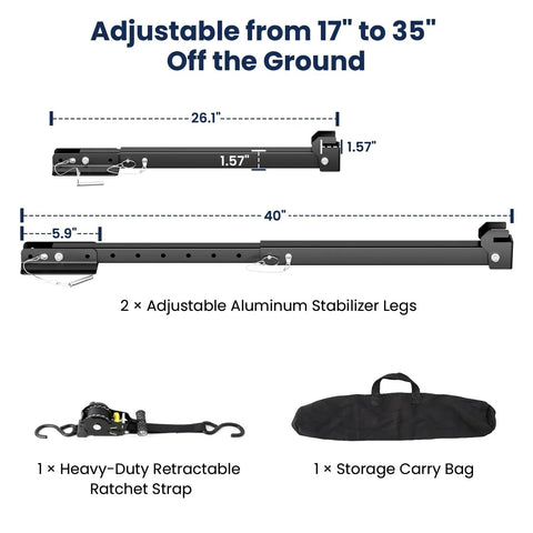 Beefy Heavy Duty Aluminum RV Stabilizer Mount For I Beam Adjustable 17 To 35 Inches with stabilizer legs and strap