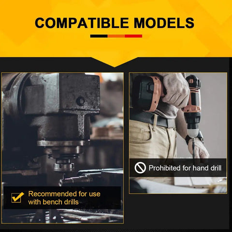 Image showing compatibility of Pro Grade Countersink Chamfer Drill Bit Set with bench drills, not hand drills