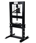 Front view of 6 Ton Hydraulic H Frame Shop Press with adjustable table and stamping plates for auto repair and metalworking projects