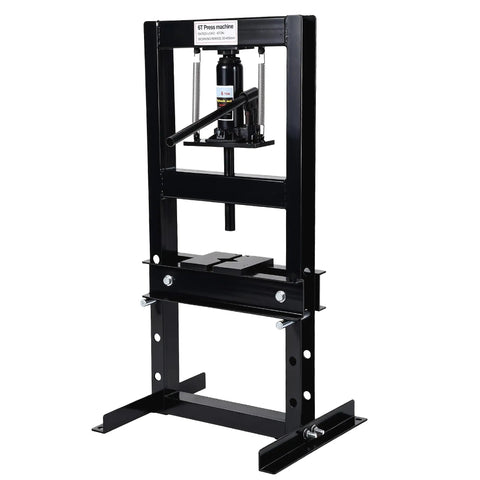 Front view of 6 Ton Hydraulic H Frame Shop Press with adjustable table and stamping plates for auto repair and metalworking projects