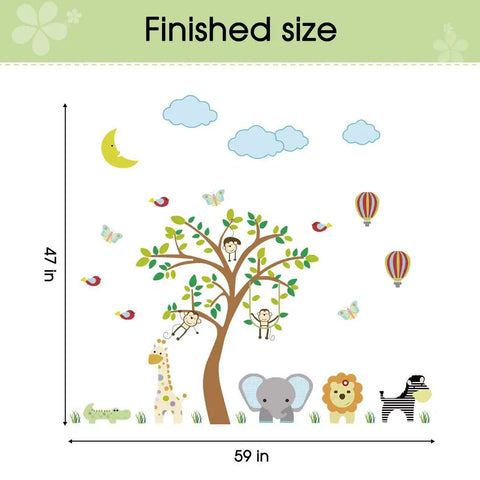 Finished size of Kid Friendly Jungle Animal Wall Stickers Set with DIY monkey, elephant, giraffe, zebra, lion, bird, tree, moon.
