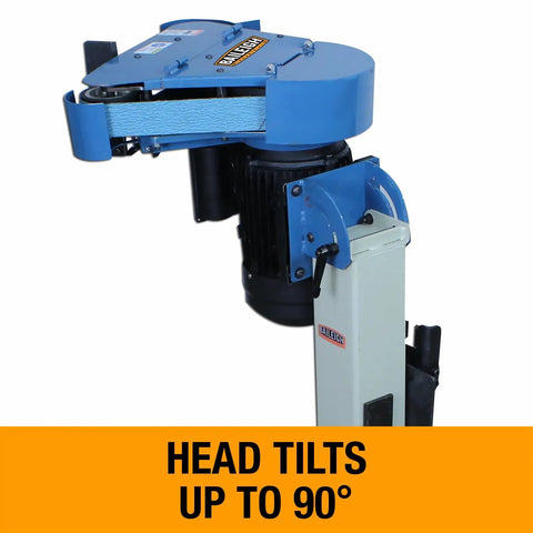 2 By 48 Inch Three Wheel Belt Grinder Cranks Out 3600 FPM To Polish Metal And Wood Like A Champ, head tilts up to 90 degrees.