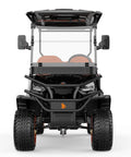 Front view of Four Seater Electric Golf Cart With Forty Eight Volt Battery And Full Weatherproof Body Rolls Tight To Sixteen Mph Plus Five Hour Fast Charging.