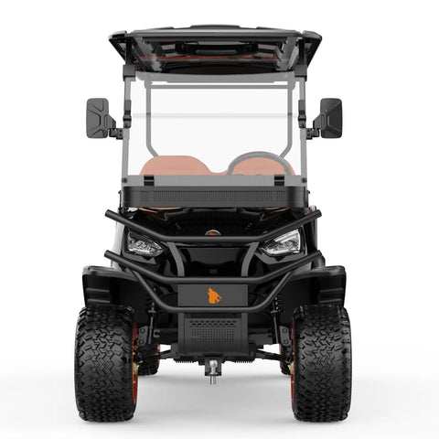 Front view of Four Seater Electric Golf Cart With Forty Eight Volt Battery And Full Weatherproof Body Rolls Tight To Sixteen Mph Plus Five Hour Fast Charging.
