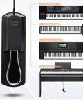 Universal Sustain Pedal With Polarity Switch For Digital Pianos And Electronic Keyboards next to synthesizers, keyboards, pianos.