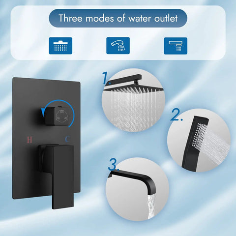 All In One Matte Black Shower System With 10 Inch Rain Shower Head And Handheld Spray, Wall Mount Tub Spout, Rough In Valve