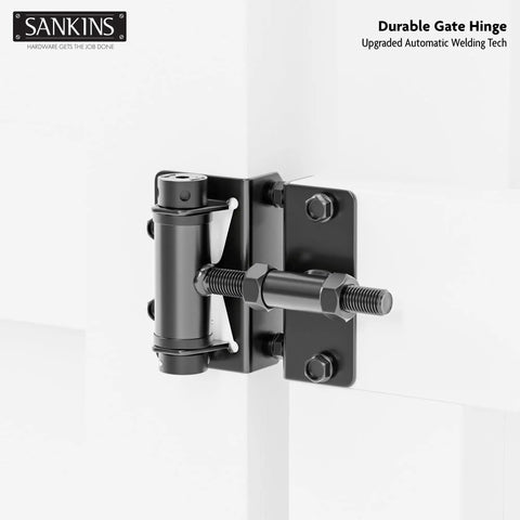 Heavy-Duty Self-Closing Gate Hinges, 90-Degree Adjustable Narrow Gate Hardware For Metal, PVC, Vinyl, And Wood Fences, Corrosion-Resistant Steel With Adjustable Tension, 2-Pack installed on white gate panel