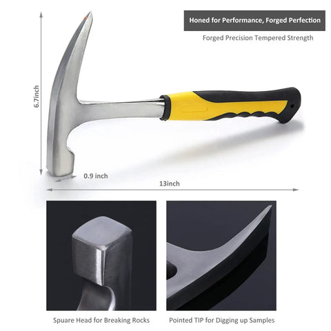 Geology Rock Pick Hammer Kit With 32oz Hammer showing 13 inch length and 6.7 inch height, details of pointed tip and square head.
