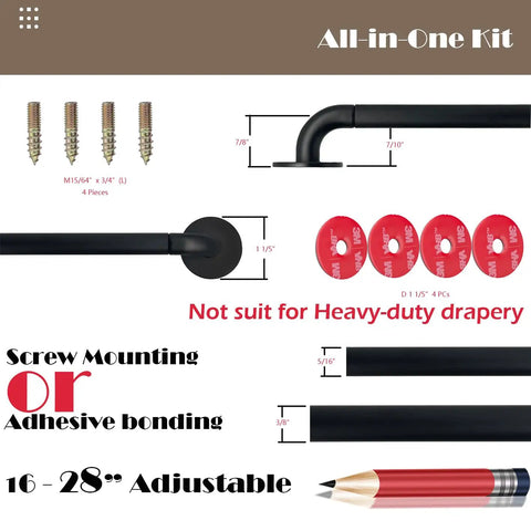 Adjustable Sash Curtain Rod For French Doors With Tough Three Eighth Inch Steel Bar And Low Profile Brackets showcase kit components.