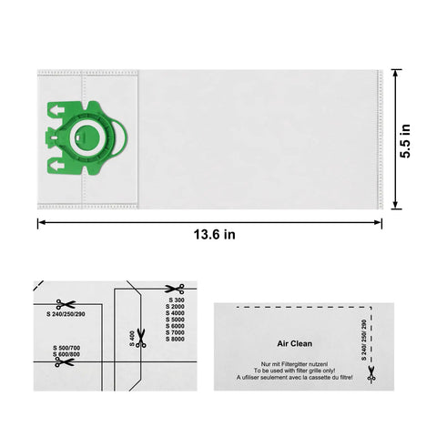 Type U Vacuum Bags 12 Pack For S7000 To S7999 Upright Vacuums With AirClean 3D Filtration, dimensions and detail view.