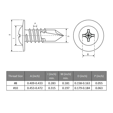Diagram of Beefy Heavy Duty Self Drilling Screws For Metal Gauge 8 One And A Quarter Inch 410 Stainless Steel dimensions