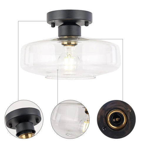 Matte Black Flush Mount Ceiling Light With Clear Glass Shade For Hallways And Entryways, Dope Modern Vintage Style close-up view.