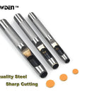 6 Piece Hollow Hole Punch Set With Free Cutting Mat for DIY leatherwork, showing metal punches and example cut-out shapes.