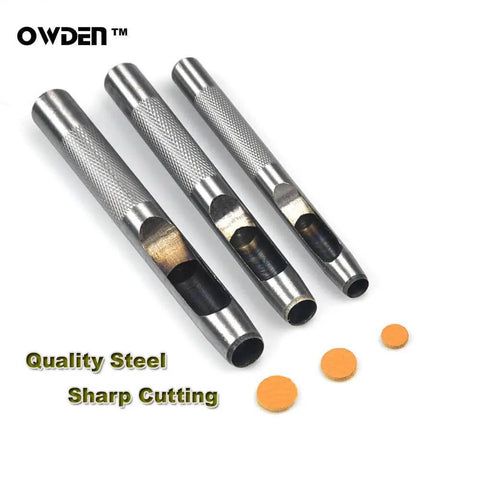 6 Piece Hollow Hole Punch Set With Free Cutting Mat for DIY leatherwork, showing metal punches and example cut-out shapes.