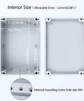 Interior view of Rugged Outdoor Aluminum Electrical Junction Box IP67 Waterproof Dustproof Enclosure highlighting dimensions and screw holes.