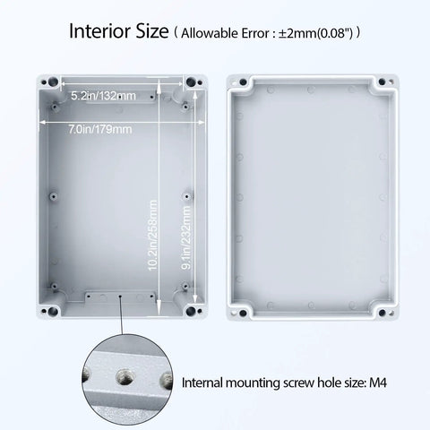 Interior view of Rugged Outdoor Aluminum Electrical Junction Box IP67 Waterproof Dustproof Enclosure highlighting dimensions and screw holes.