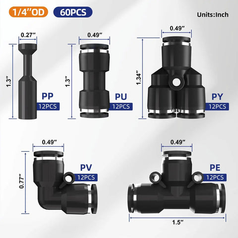 Diagram of One Quarter Inch Push To Connect Pneumatic Fittings Kit with 60 Pieces - detailed measurements for tees, elbows, and plugs.