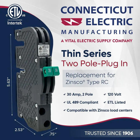 Zinsco RC3830 Replacement Two Pole 30 Amp Thin Series Circuit Breaker For 240V Panels Newly Manufactured Gray ETL Listed