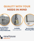 Outdoor Weatherproof Junction Box With Hinged Cover In Lightweight Polycarbonate NHWE M, NEMA 4X Rated Electrical Cabinet For Outdoor Wiring, Plugs, And Cables, Includes Cable Glands, Mounting Plate, UV And Rain Shield. Hinges, lockable cover, removable plate.