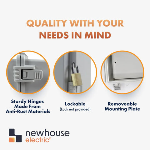 Outdoor Weatherproof Junction Box With Hinged Cover In Lightweight Polycarbonate NHWE M, NEMA 4X Rated Electrical Cabinet For Outdoor Wiring, Plugs, And Cables, Includes Cable Glands, Mounting Plate, UV And Rain Shield. Hinges, lockable cover, removable plate.