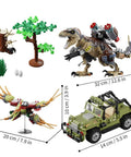 725 Piece Mechanical Dinosaur Attack Set With Tyrannosaurus Rex, Pterosaur And Off Road Vehicle In A Dino Park World Build Kit For Ages 6 To 14 And A Great Birthday Gift For Boys And Girls. 725-piece build set with T-Rex, pterosaur and green off-road vehicle