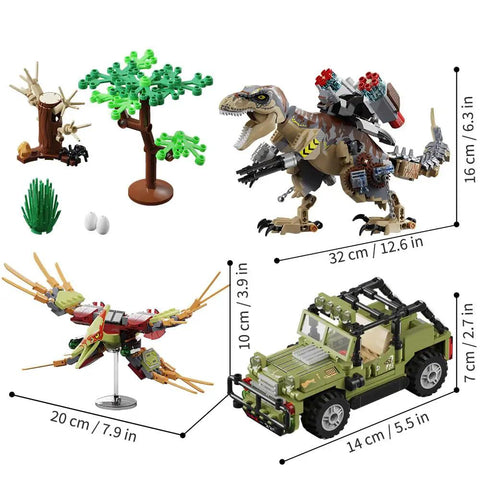 725 Piece Mechanical Dinosaur Attack Set With Tyrannosaurus Rex, Pterosaur And Off Road Vehicle In A Dino Park World Build Kit For Ages 6 To 14 And A Great Birthday Gift For Boys And Girls. 725-piece build set with T-Rex, pterosaur and green off-road vehicle