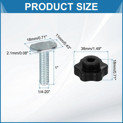 Eight Pack T Track Knob Kit With Star Knobs And 1/4-20 X 1In T Slot Bolts size dimensions diagram