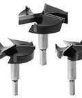 Heavy Duty Three Piece Forstner Drill Bit Set With Carbide Tips And Solid Steel Core for precise boring through hardwood and plastic.