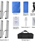 Contents of Beach Canopy Tent Shade With Sidewalls 10x10 Feet shown: canopy, side wall, poles, sand shovel, stakes, cords, manual, bag