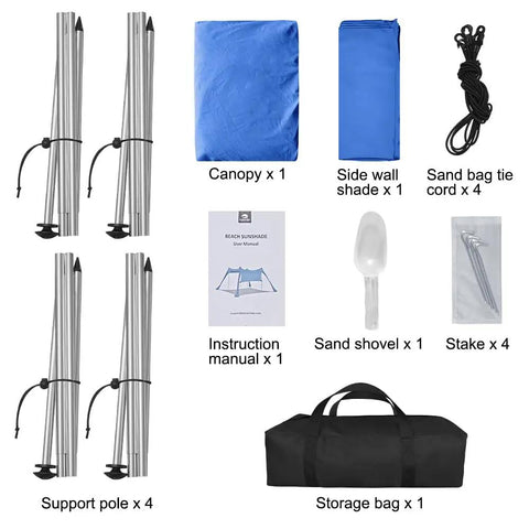 Contents of Beach Canopy Tent Shade With Sidewalls 10x10 Feet shown: canopy, side wall, poles, sand shovel, stakes, cords, manual, bag
