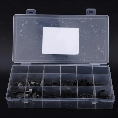 450 Piece Semicircle Key Spring Pins Clips E Clips Kit Set for DIY projects in open transparent case with compartments