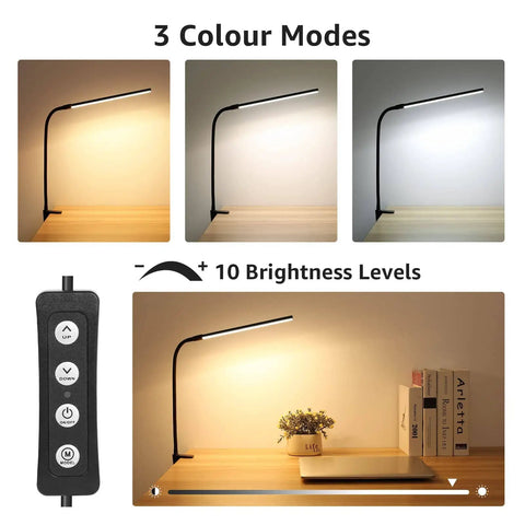 Clip On Desk Lamp LED Reading Light With USB Power Dimmable 3 Color Modes And 10 Brightness Levels on desk