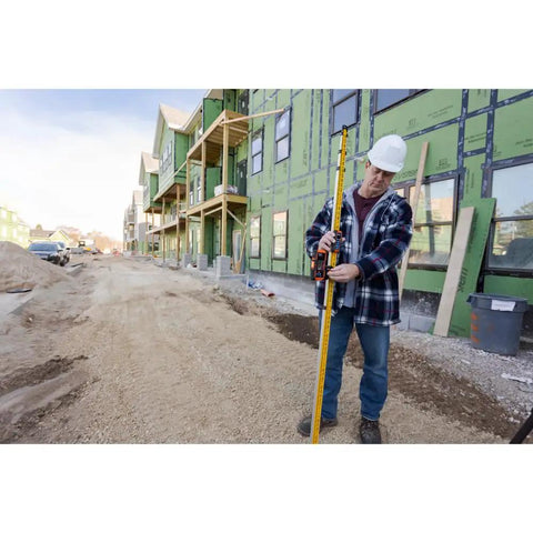 Universal Green and Red Rotary Laser Detector With Dual Sided LED Backlit Display IP54 Dust and Water Protection Fine and Coarse Modes For Precise Leveling And Quick Audible Visual Readouts Pro Grade Easy Read used with leveling rod on construction site