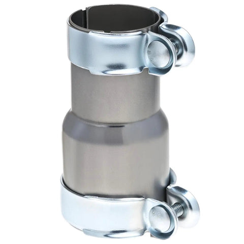 Stainless Steel Exhaust Adapter with Clamps, Two Pack, fits 2.5 inch to 3 inch exhaust systems, visible with dual clamps.
