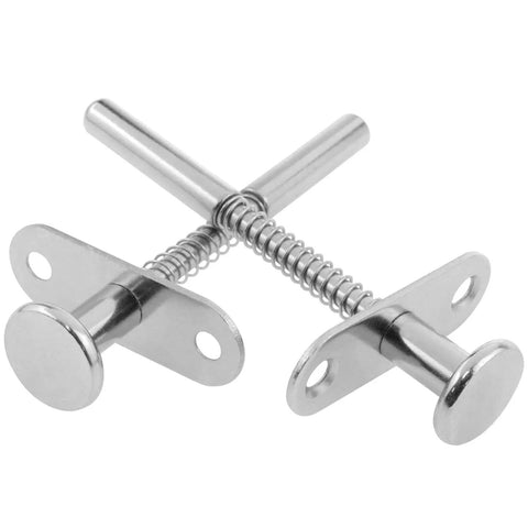 Heavy Duty Stainless Steel Spring Plunger Latch Lock 2 Pack With Rust Proof Finish Built Tough As Nails For Toolbox Gates And Workshop Doors Cabinet Hardware close-up of two latches with springs
