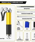 Pro Grade Grease Gun Kit With Pistol Grip, 8000 PSI, 14 Oz Load, 18 Inch Resin Hose, 10 Piece Set Displayed With Accessories