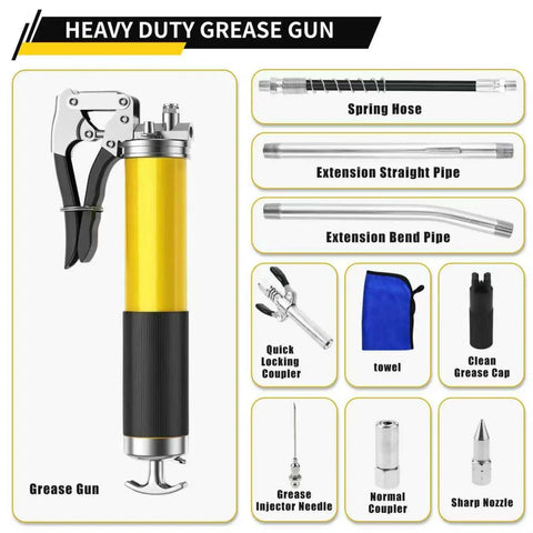 Pro Grade Grease Gun Kit With Pistol Grip, 8000 PSI, 14 Oz Load, 18 Inch Resin Hose, 10 Piece Set Displayed With Accessories