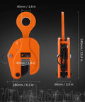 Orange steel 2-ton vertical plate lifting clamp; front and side views.
