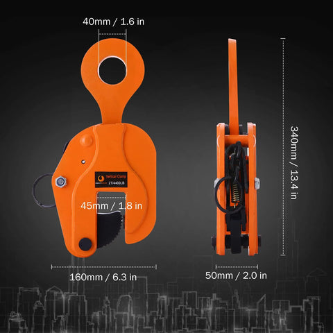 Orange steel 2-ton vertical plate lifting clamp; front and side views.