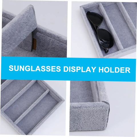 Solid Six Grid Sunglasses Storage Plate And Jewelry Display Box For Women Totally Fresh Fashion Organizer With Scratch Proof Surface showcasing grey compartment tray with sunglasses.
