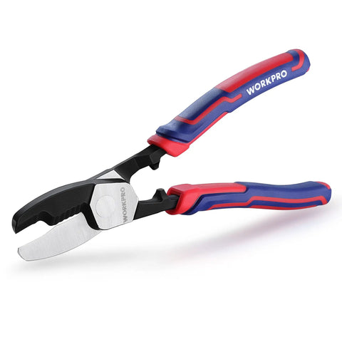 Knockout 8 Inch Cable Cutter With Twin Cutting Edge And Rock Solid Hrc65 Steel Blade for precise cutting of electrical wire.