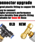 Comparison of old plastic fitting vs new copper fitting for air blow gun kit, highlighting durability and compatibility with 6mm OD hose.