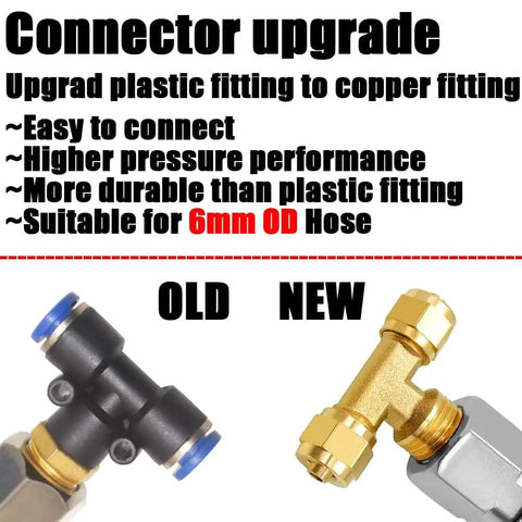 Comparison of old plastic fitting vs new copper fitting for air blow gun kit, highlighting durability and compatibility with 6mm OD hose.