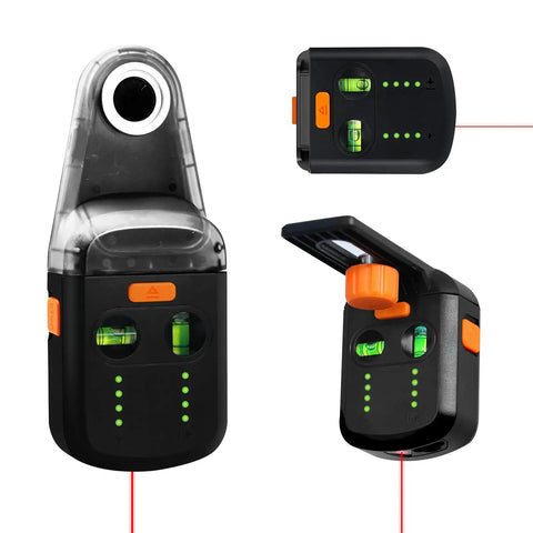 4-In-1 Laser Level Tool with line laser, electronic vacuum suction cup, and wall bracket, shown in front and side views