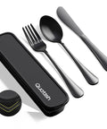 4 Piece Stainless Steel Travel Utensils Set With Case, lightweight black fork, spoon, knife, and case for work, picnic, camping, lunch box.